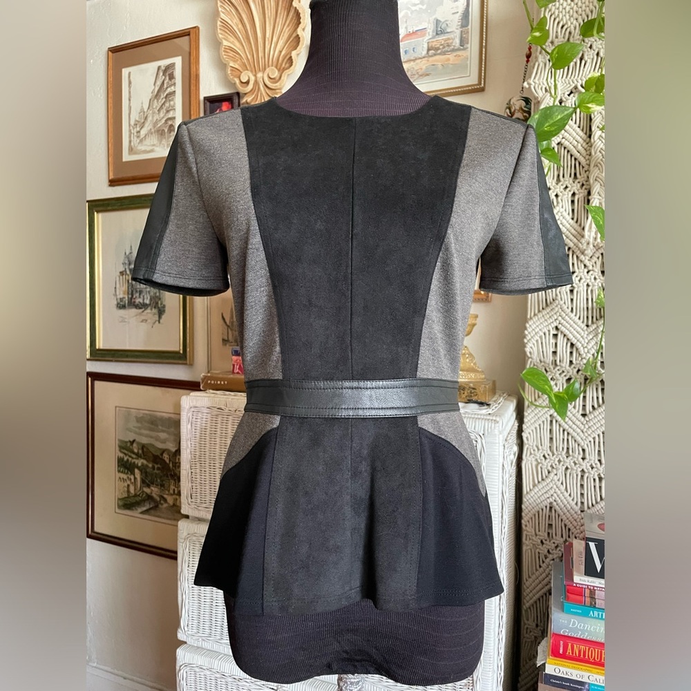 BCBGMaxAzria Black and Gray Short Sleeve Peplum Top